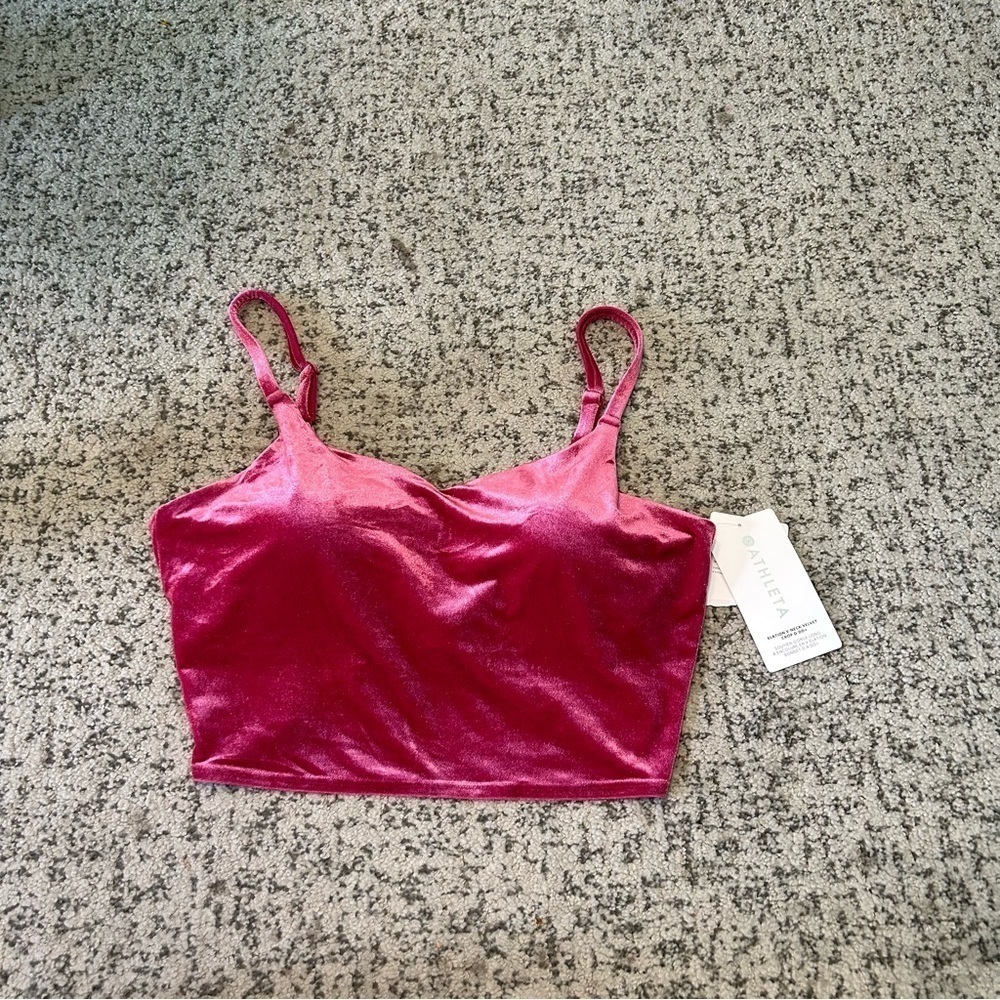 NWT Athleta Pink Elation V-Neck Velvet Crop Padded Sports Bra Size Large